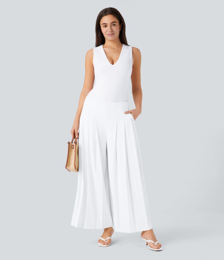 Mid Low Rise Pocket Pleated Flowy Wide Leg Pants
