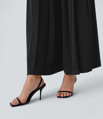 Mid Low Rise Pocket Pleated Flowy Wide Leg Pants