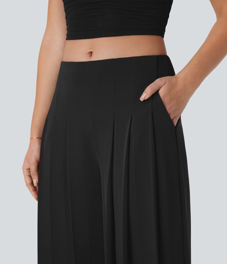 Mid Low Rise Pocket Pleated Flowy Wide Leg Pants