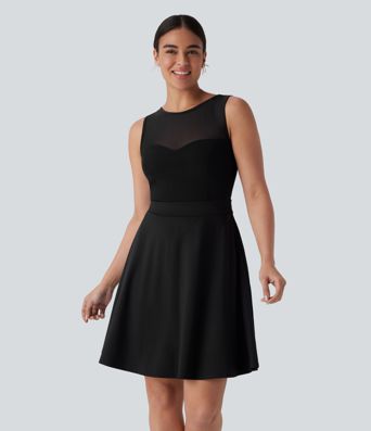 SoftlyZero™ Airy Contrast Mesh Tie Pocket Cool Touch Dress-UPF50+