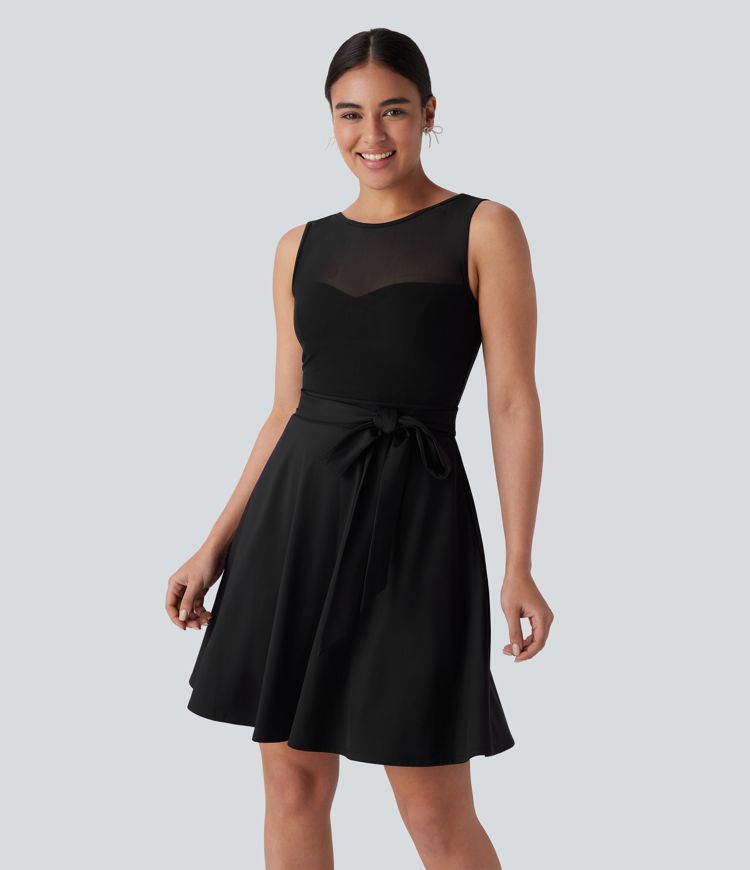 SoftlyZero™ Airy Contrast Mesh Tie Pocket Cool Touch Dress-UPF50+