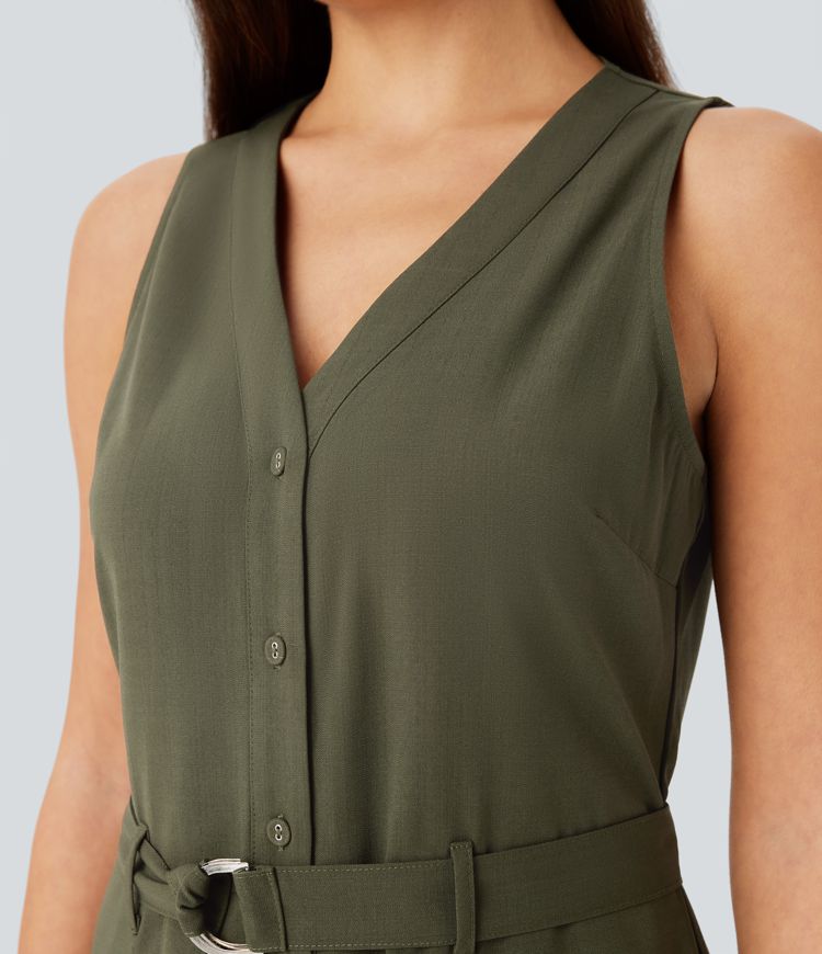 V Neck Sleeveless Belted Pocket Casual Linen-Feel Jumpsuit