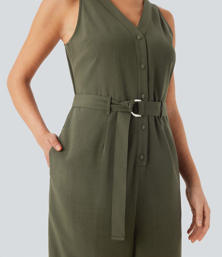 V Neck Sleeveless Belted Pocket Casual Linen-Feel Jumpsuit