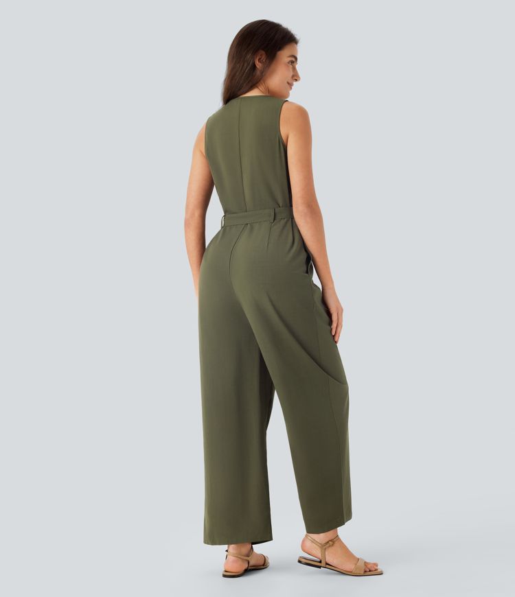 V Neck Sleeveless Belted Pocket Casual Linen-Feel Jumpsuit