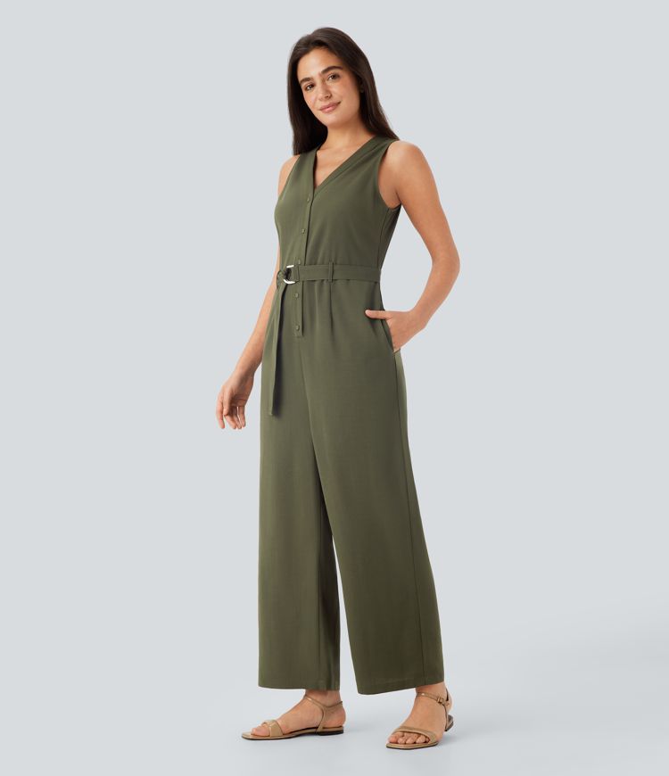 V Neck Sleeveless Belted Pocket Casual Linen-Feel Jumpsuit