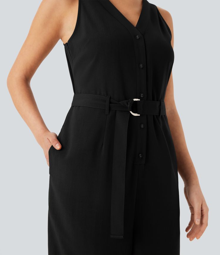 Lässiger, ärmelloser Jumpsuit mit V-Ausschnitt, Knopfleiste, Gürtel und Seitentaschen