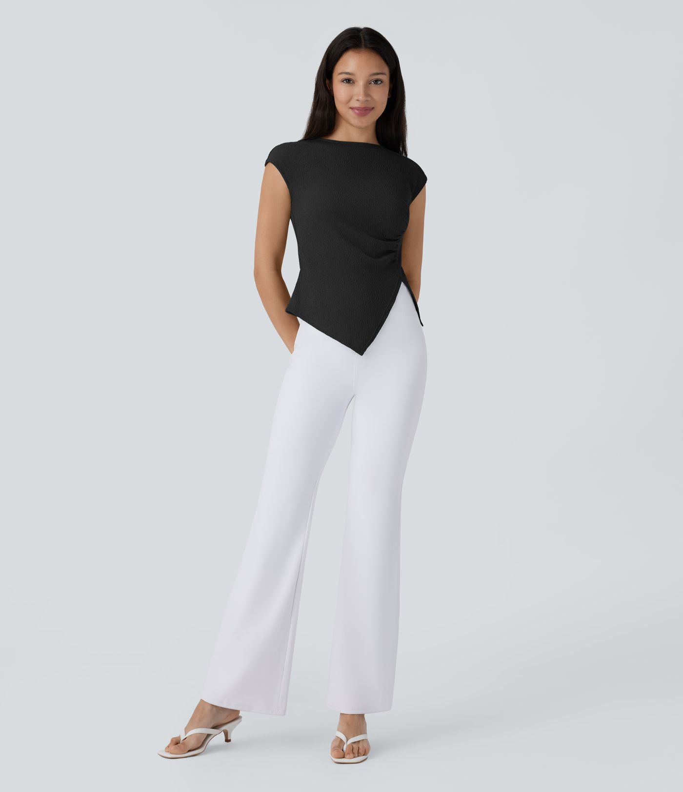 Slash Neck Short Sleeve Ruched Asymmetric Hem Casual Top