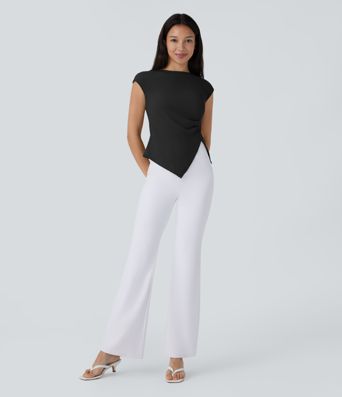 Slash Neck Short Sleeve Ruched Asymmetric Hem Casual Top