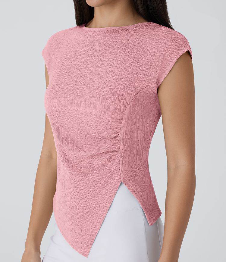 Haut décontracté encolure bateau manches courtes froncé avec fente ourlet asymétrique