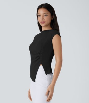 Slash Neck Short Sleeve Ruched Asymmetric Hem Casual Top