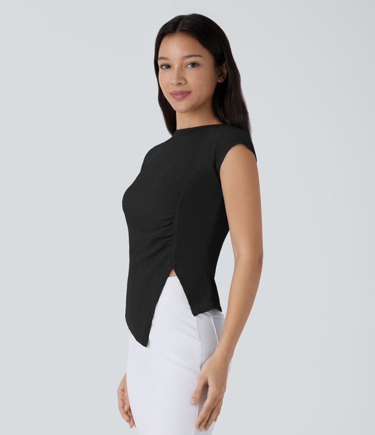 Slash Neck Short Sleeve Ruched Split Asymmetric Hem Casual Top
