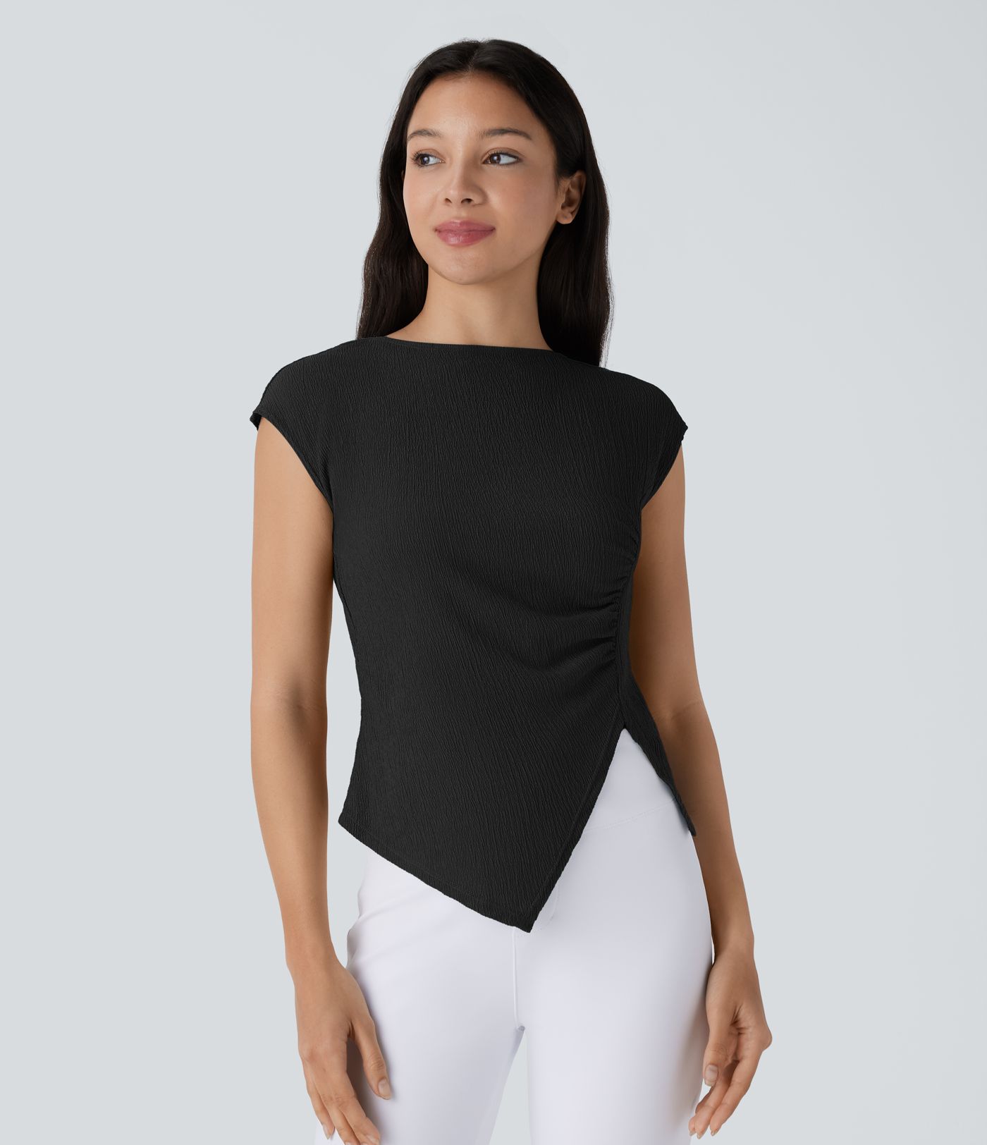 Slash Neck Short Sleeve Ruched Asymmetric Hem Casual Top