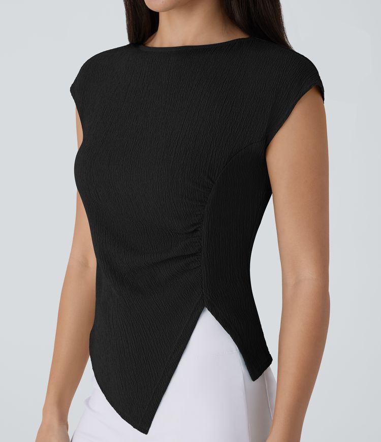 Slash Neck Short Sleeve Ruched Asymmetric Hem Casual Top