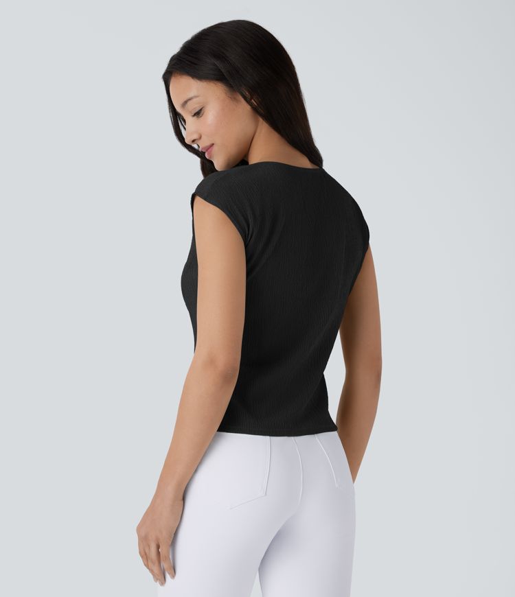 Slash Neck Short Sleeve Ruched Split Asymmetric Hem Casual Top