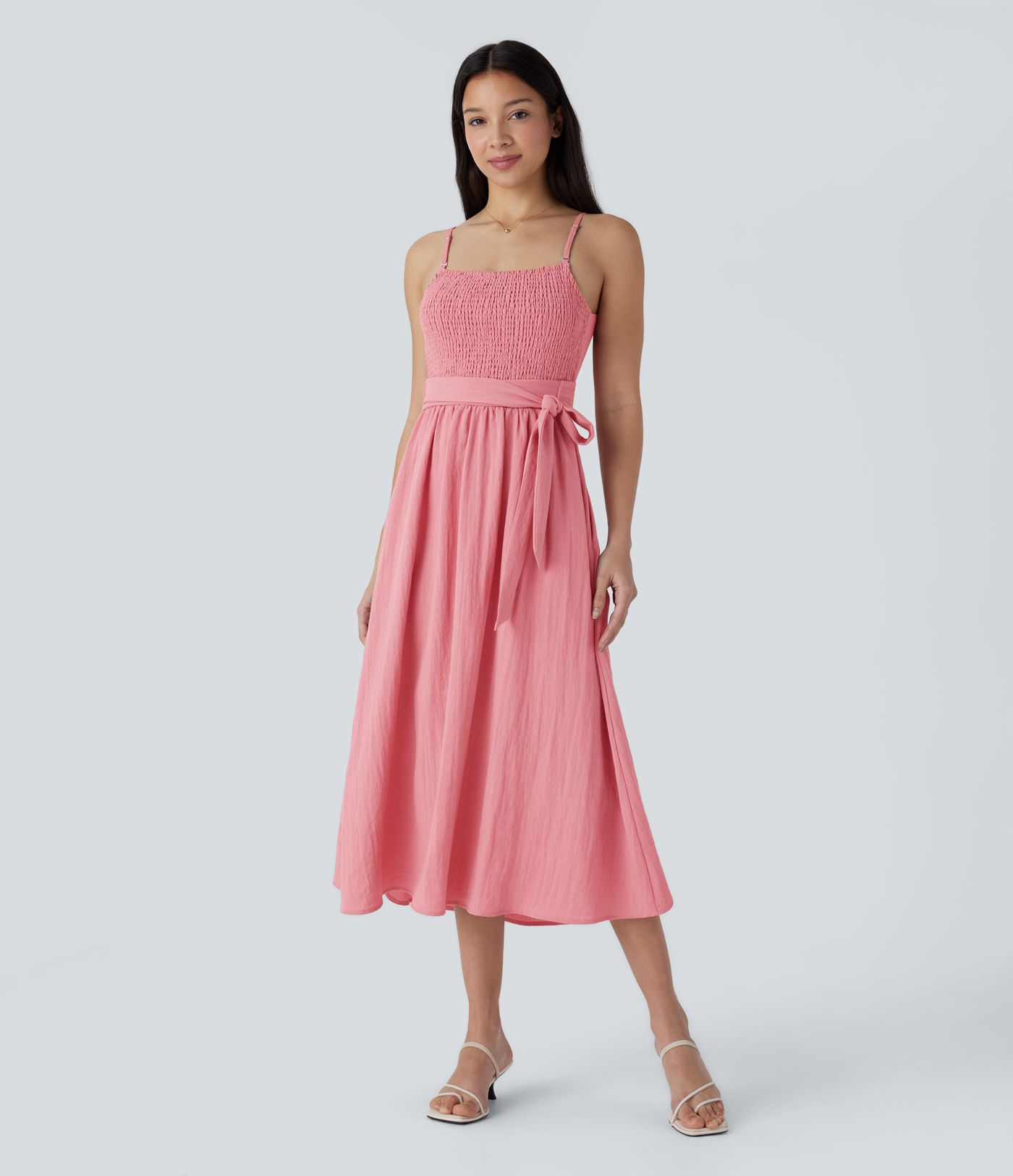 Vestido midi holgado lino tirante ajustable sin espalda fruncido lazo espalda bolsillo lateral usar delante detrás