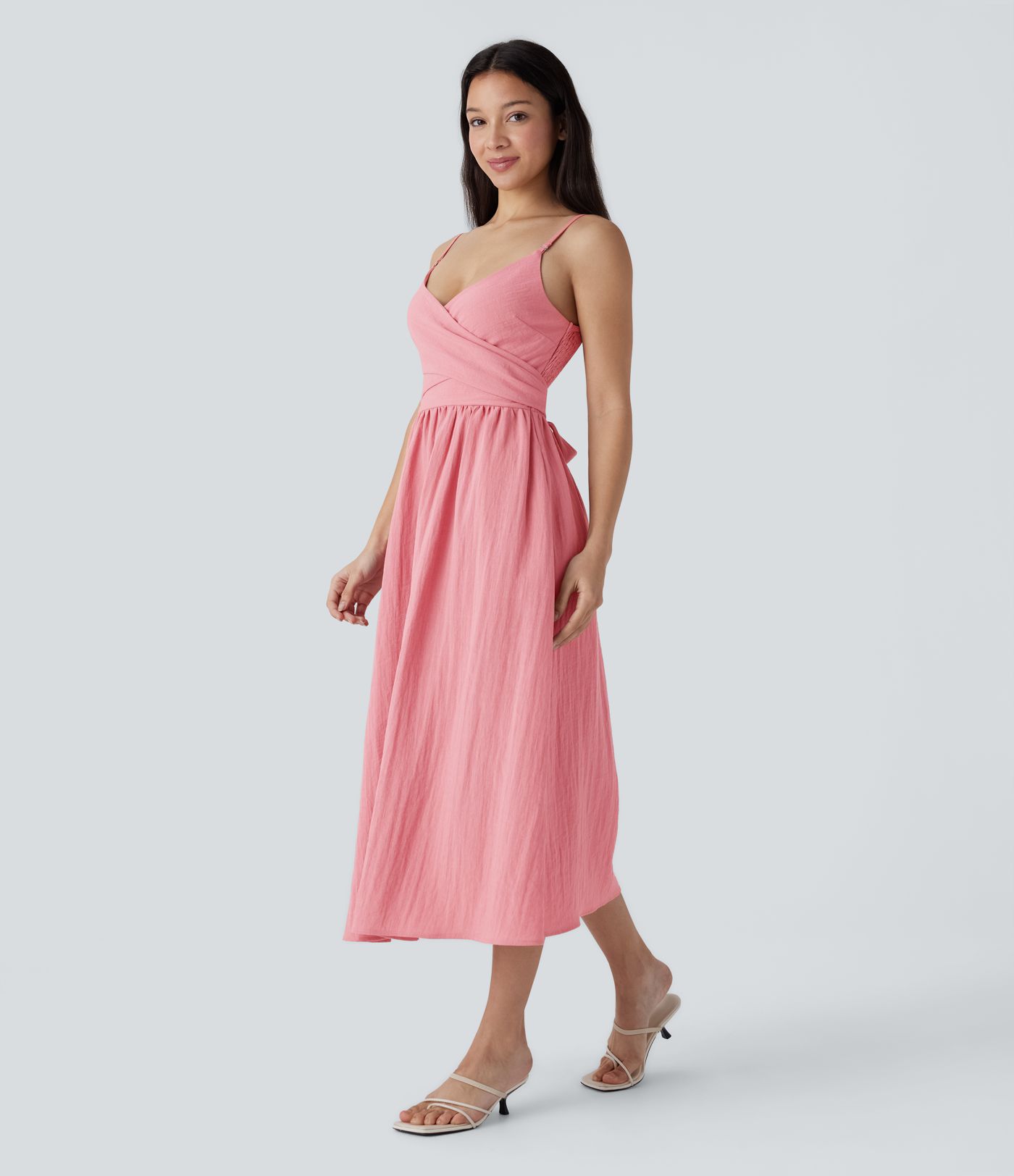 Vestido midi holgado lino tirante ajustable sin espalda fruncido lazo espalda bolsillo lateral usar delante detrás