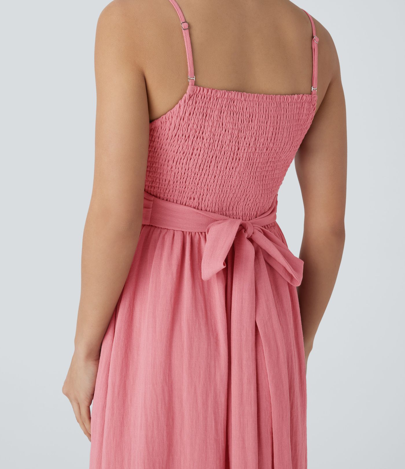 Vestido midi holgado lino tirante ajustable sin espalda fruncido lazo espalda bolsillo lateral usar delante detrás