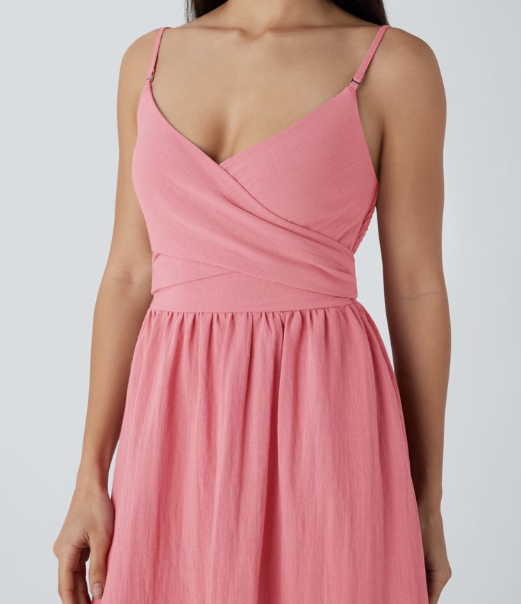 Vestido midi holgado lino tirante ajustable sin espalda fruncido lazo espalda bolsillo lateral usar delante detrás