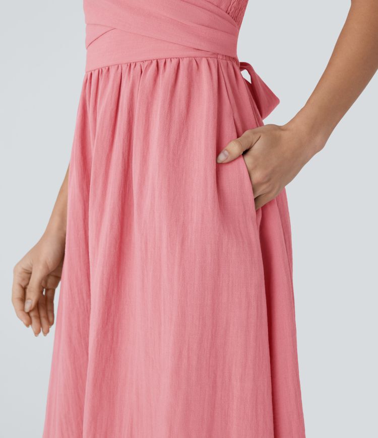 Vestido midi holgado lino tirante ajustable sin espalda fruncido lazo espalda bolsillo lateral usar delante detrás