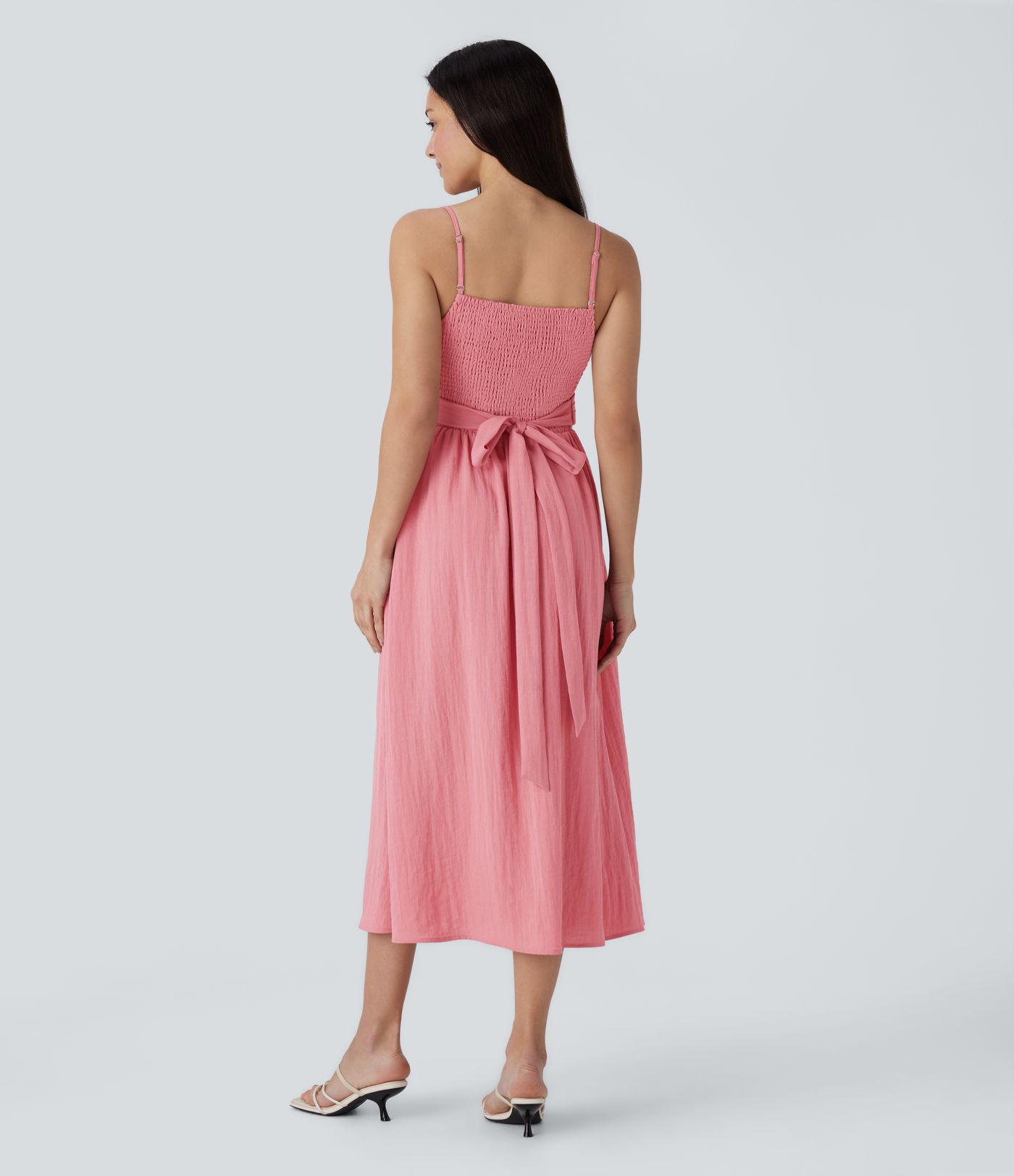 Vestido midi holgado lino tirante ajustable sin espalda fruncido lazo espalda bolsillo lateral usar delante detrás