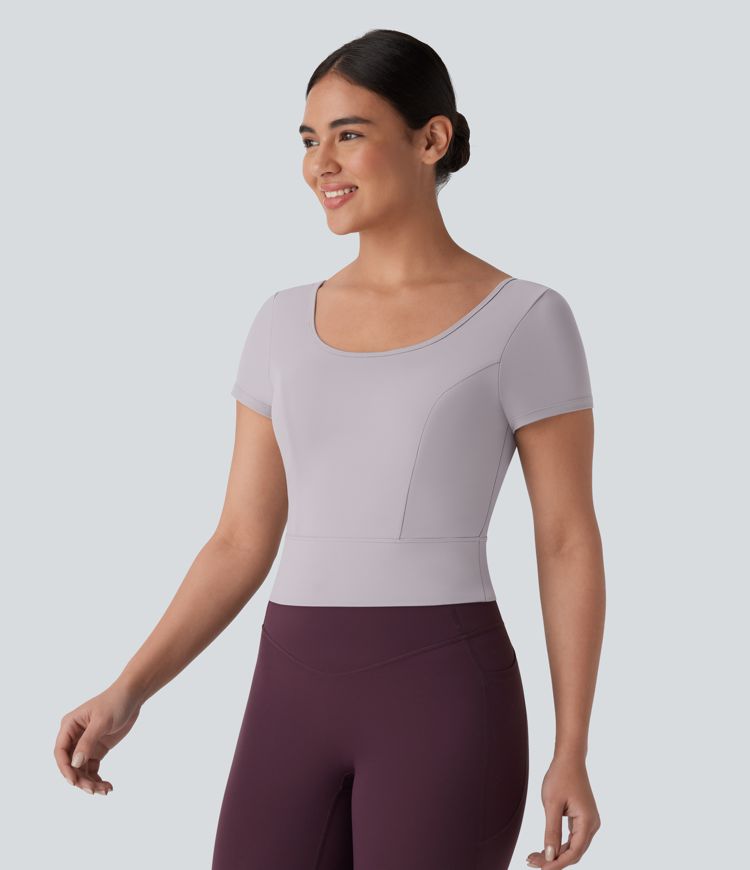 SoftlyZero™ Plush U Neck Short Sleeve Crossover Contrast Mesh Yoga Sports Top