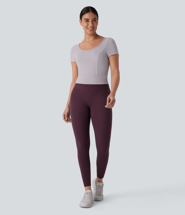 SoftlyZero™ Plush U Neck Short Sleeve Crossover Contrast Mesh Yoga Sports Top