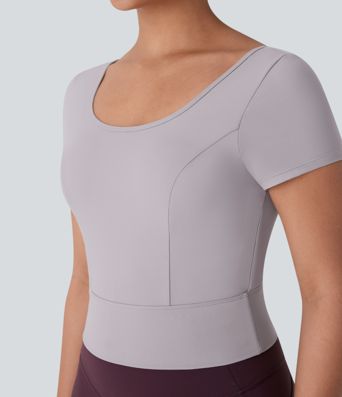 SoftlyZero™ Plush U Neck Short Sleeve Crossover Contrast Mesh Yoga Sports Top