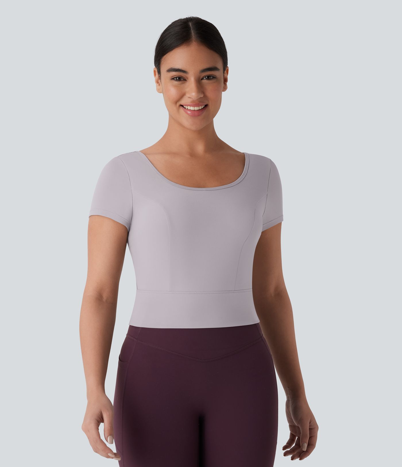 SoftlyZero™ Plush U Neck Short Sleeve Crossover Contrast Mesh Yoga Sports Top