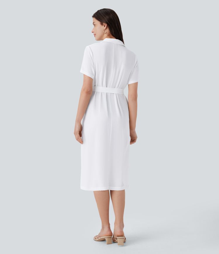 Short Sleeve Pocket Belted Midi Casual Linen-Feel Dress