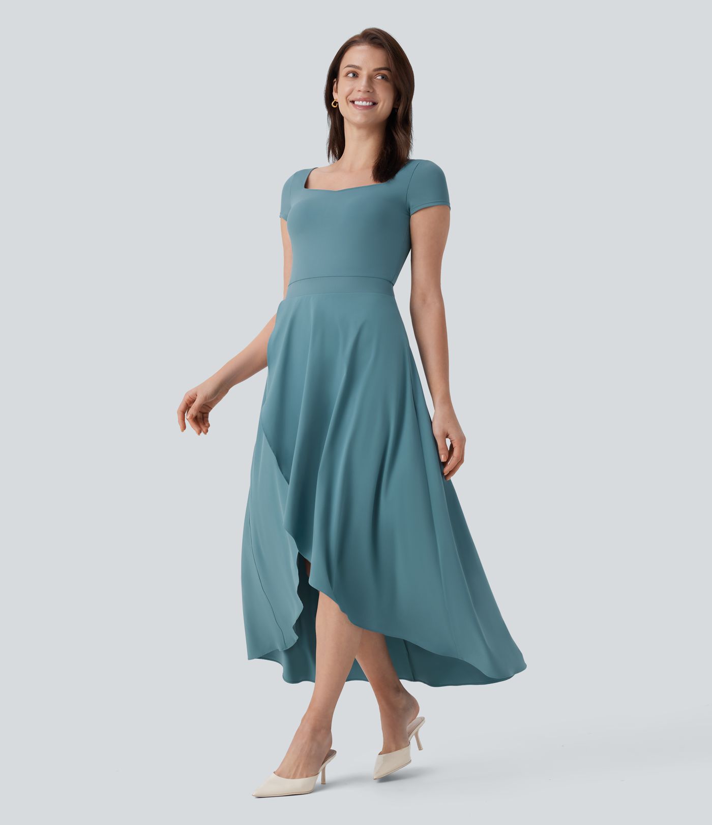 Breezeful™ Square Neck Short Sleeve Invisible Zipper High Low Ruffle 2-Piece Flowy Quick Dry Midi Work Dress