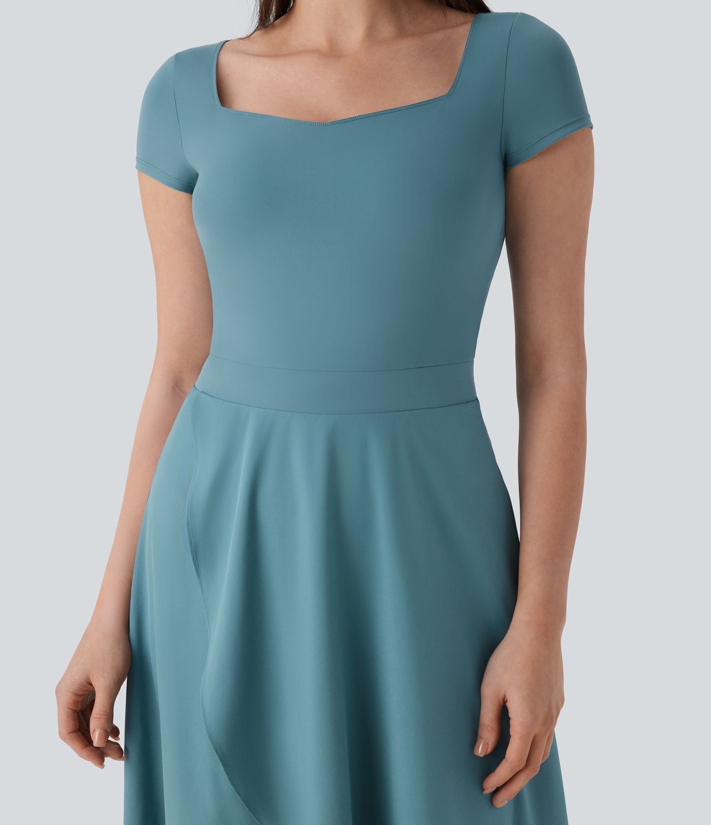 Breezeful™ Square Neck Short Sleeve Invisible Zipper High Low Ruffle 2-Piece Flowy Quick Dry Midi Work Dress