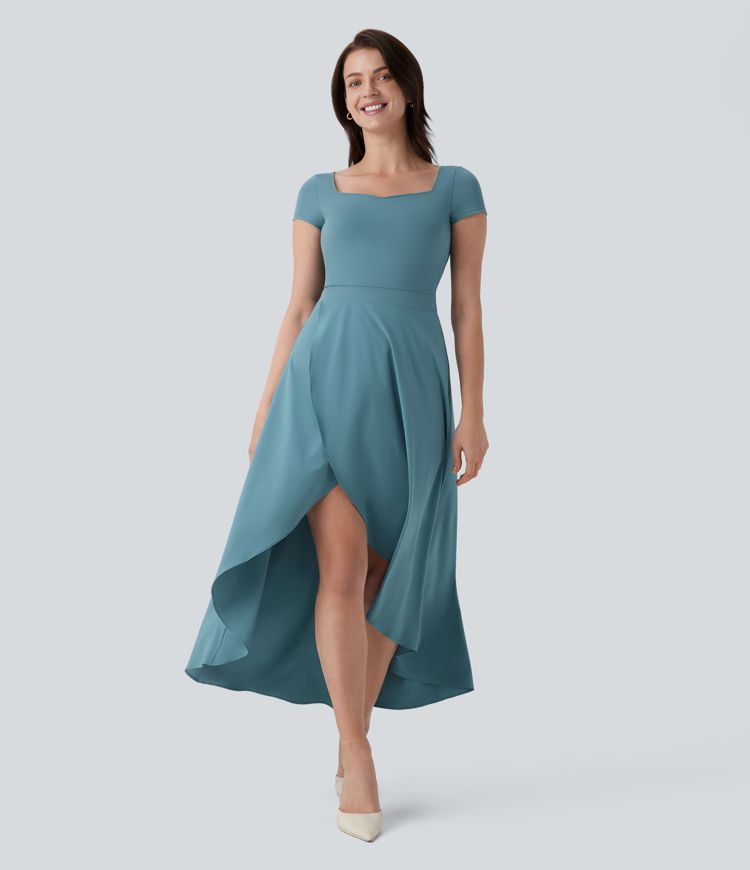 Breezeful™ Square Neck Short Sleeve Invisible Zipper High Low Ruffle 2-Piece Flowy Quick Dry Midi Work Dress