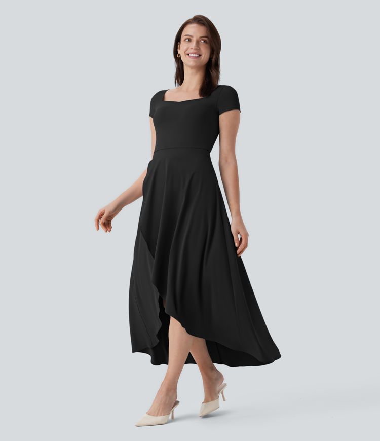 Robe midi professionnelle fluide 2 pièces à col carré, manches courtes et volants avec ourlet asymétrique - Séchage rapide