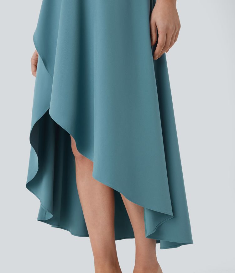 Breezeful™ Square Neck Short Sleeve Invisible Zipper High Low Ruffle 2-Piece Flowy Quick Dry Midi Work Dress