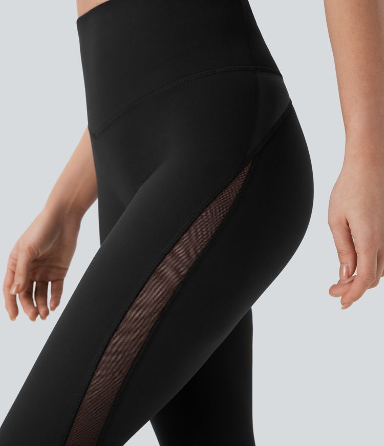High Waisted Tummy Control Back Zip Pocket Contrast Mesh 7/8 Workout Leggings