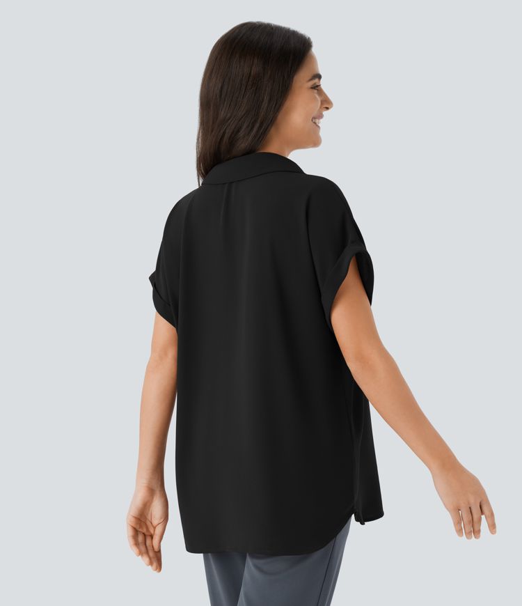 Camisa oficina cuello V manga corta dobladillo curvo