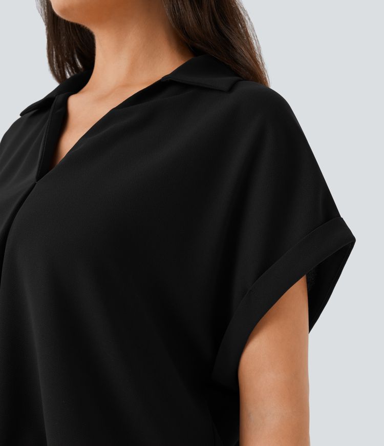 Camisa oficina cuello V manga corta dobladillo curvo