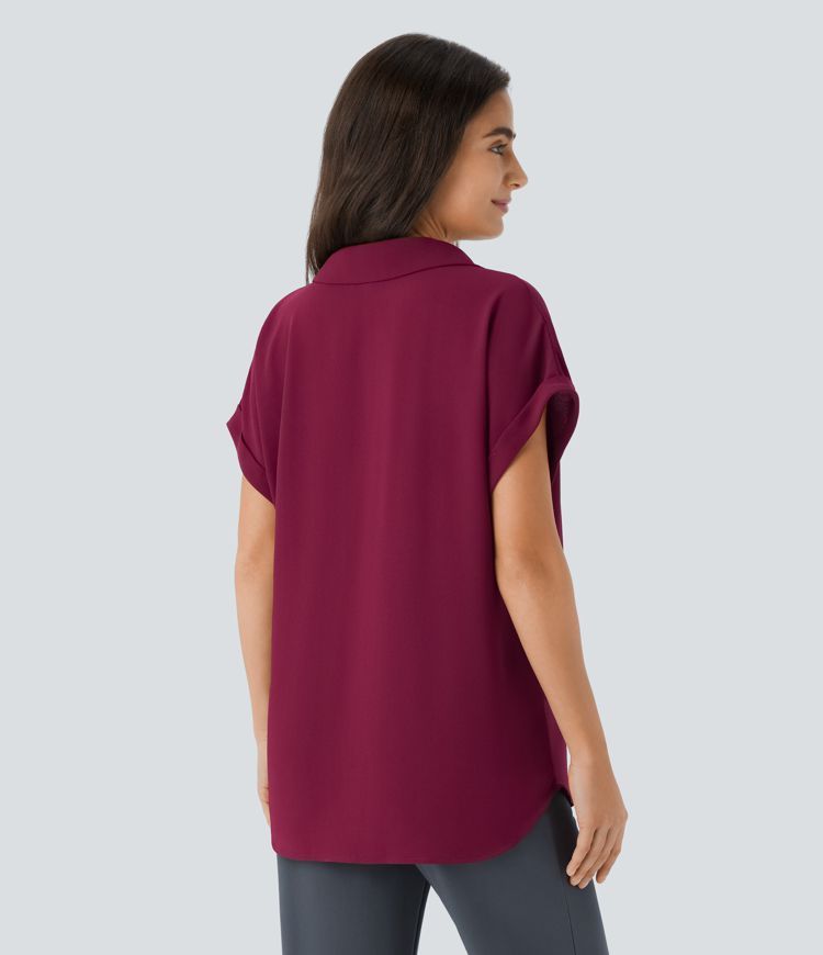 Collared V Neck Short Sleeve Curved Hem Work Shirt