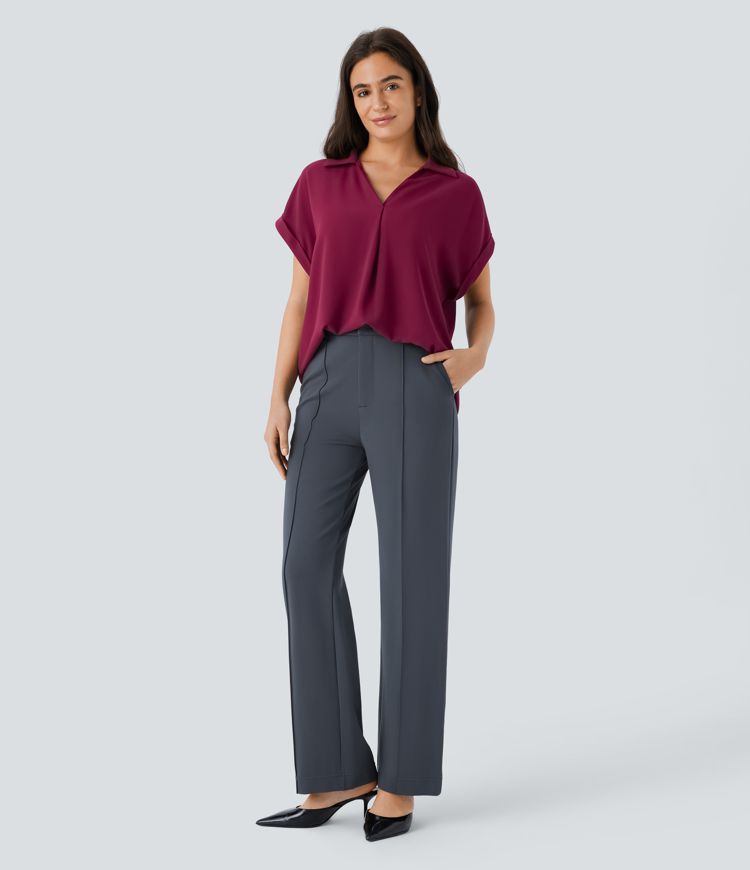 V Neck Short Sleeve Curved Hem Work Shirt