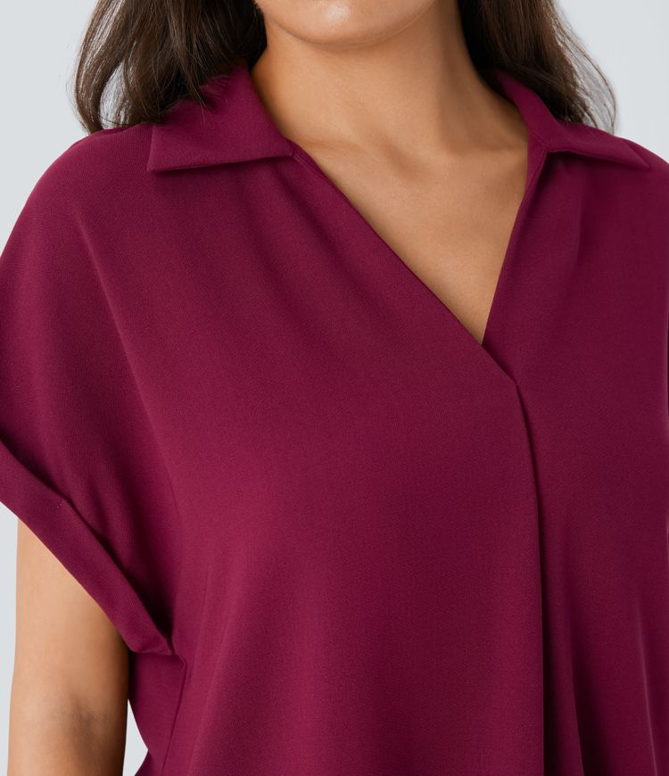 V Neck Short Sleeve Curved Hem Work Shirt