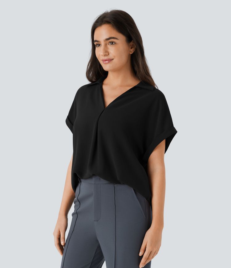 Camisa oficina cuello V manga corta dobladillo curvo