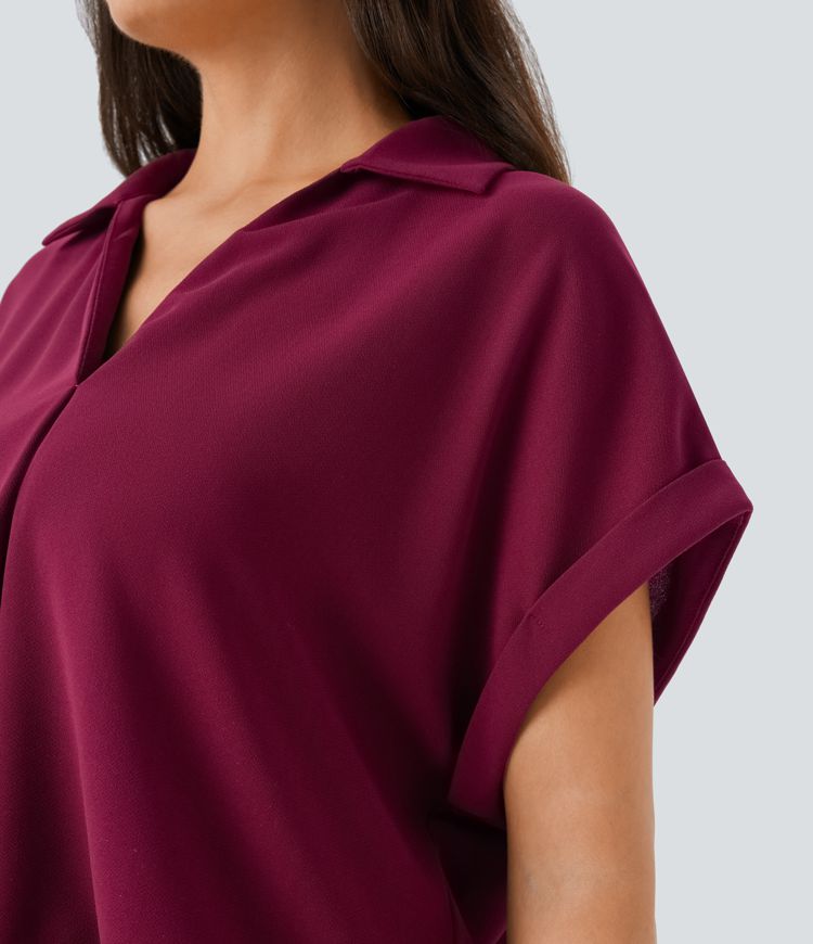 V Neck Short Sleeve Curved Hem Work Shirt