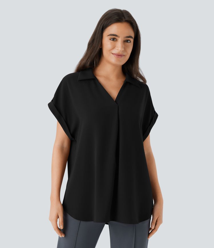 Camisa oficina cuello V manga corta dobladillo curvo