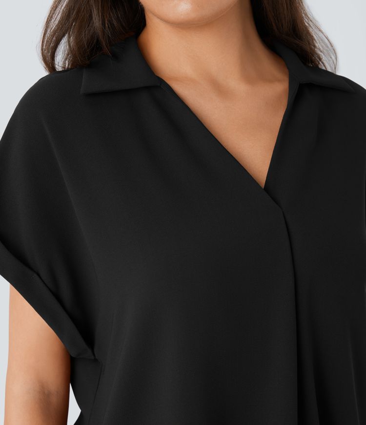 Camisa oficina cuello V manga corta dobladillo curvo