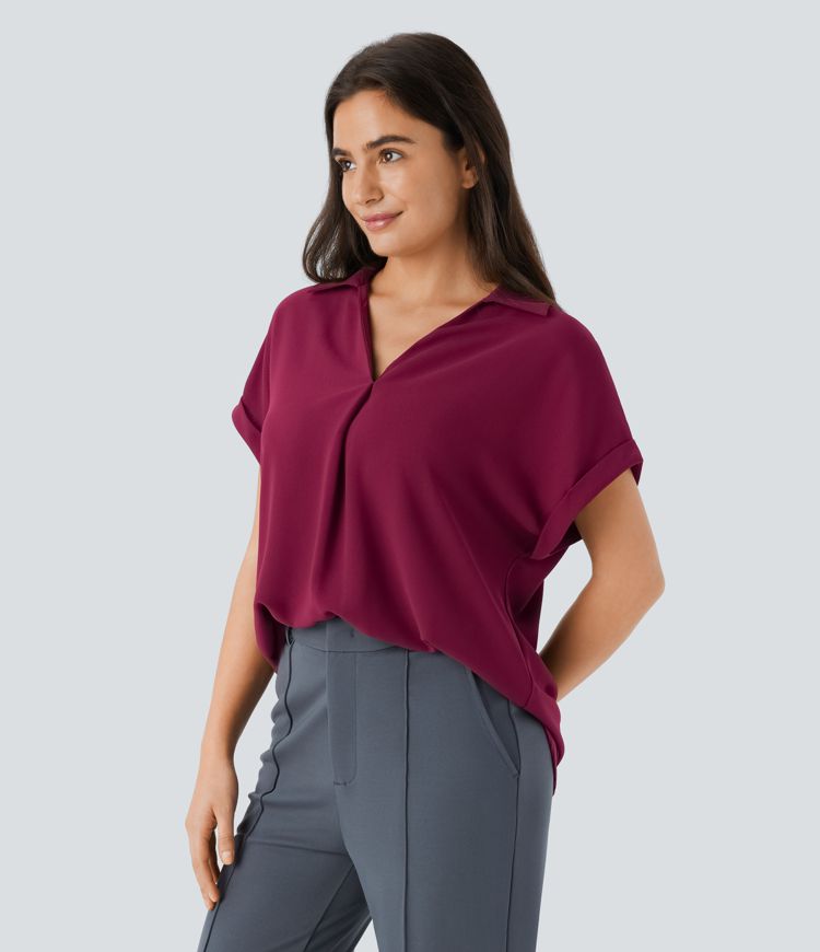 Collared V Neck Short Sleeve Curved Hem Work Shirt
