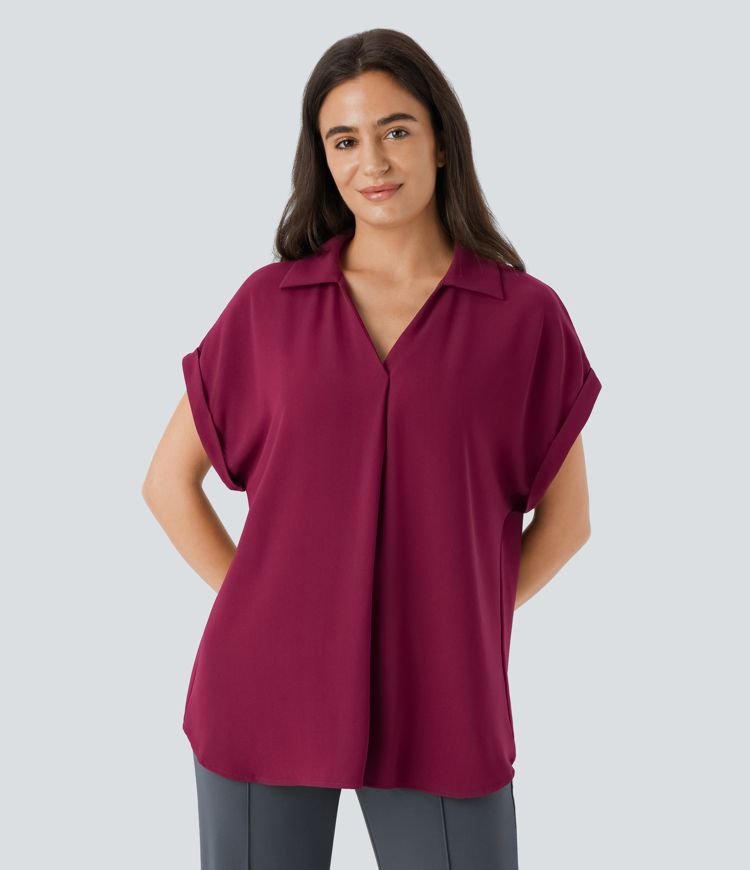 V Neck Short Sleeve Curved Hem Work Shirt