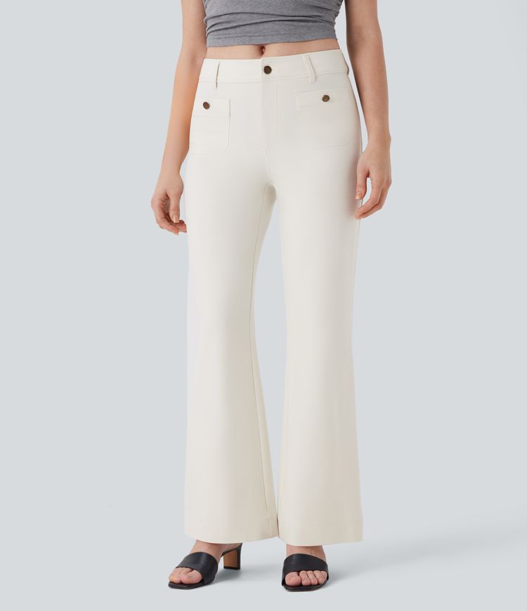 Mid Rise Multiple Pockets Casual Slight Flare Trousers