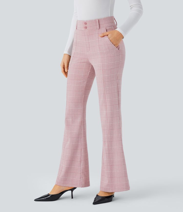 Halara Flex™ High Waisted Decorative Button Side Pocket Houndstooth Plaid Work Flare Pants