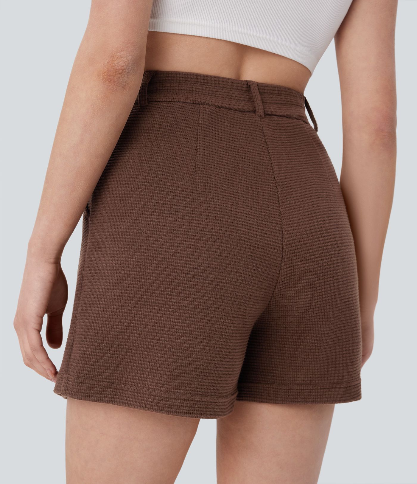 Lässige Shorts mit Waffelmuster und hohem Bund, Seitentaschen