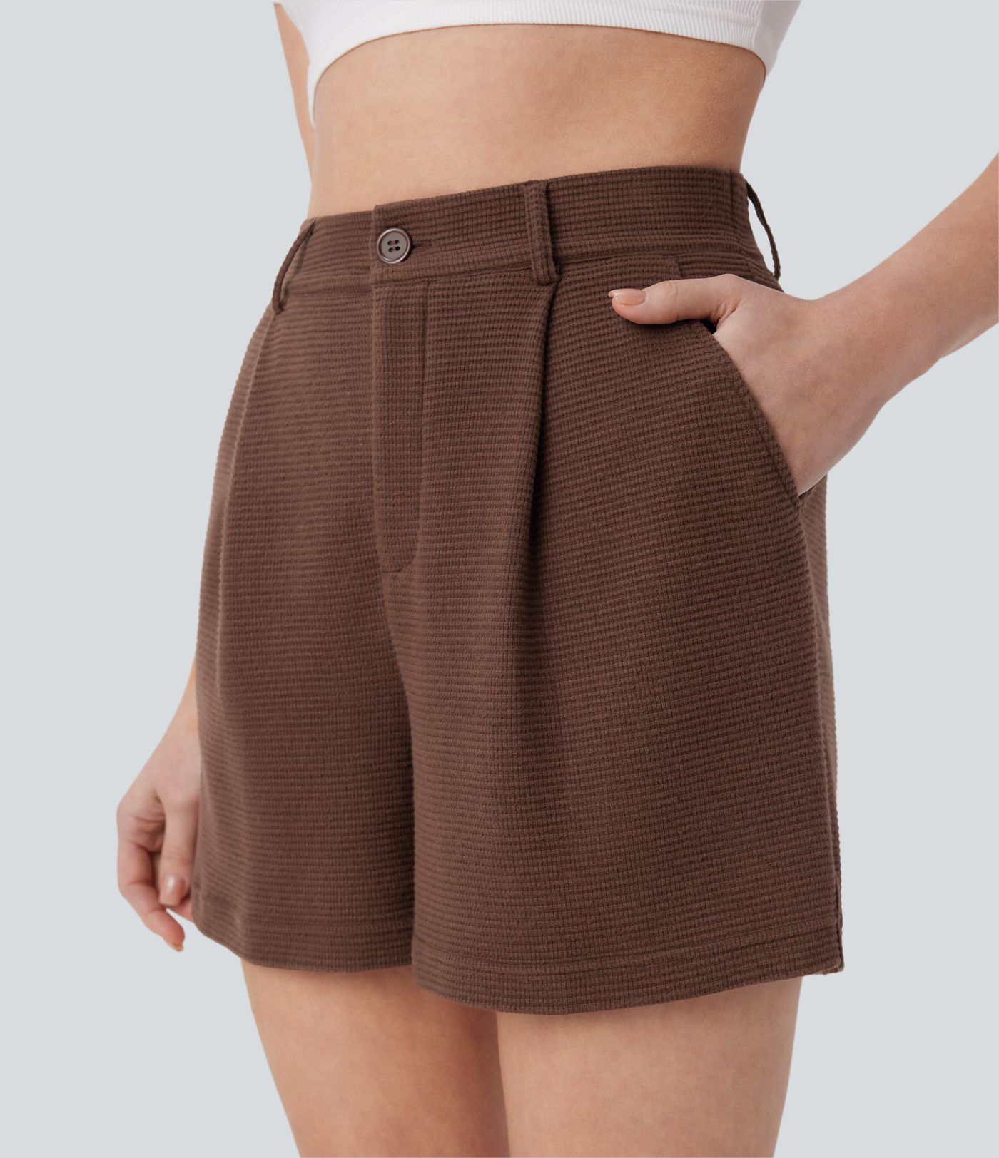 Lässige Shorts mit Waffelmuster und hohem Bund, Seitentaschen